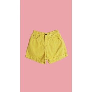 1990s L.E.I. RIDING WEAR Yellow. Denim Jean High Waist Cuffed Shorts. Sm. As Is